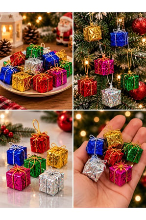 Yeni Yıla Özel 12 Parça Mini Yılbaşı Noel Çam Ağacı Hediye Paketi Süsü Karışık Renkli 12'li Set 3 CM