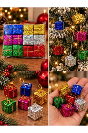 Yeni Yıla Özel 12 Parça Mini Yılbaşı Noel Çam Ağacı Hediye Paketi Süsü Karışık Renkli 12'li Set 3 CM