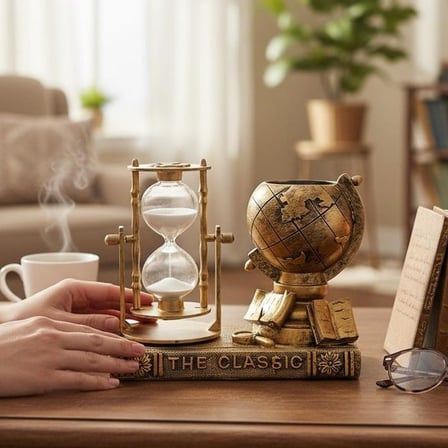 Dekoratif Dünya Küresi ve Kum Saati Seti Vintage Masaüstü Organizer – Klasik Tasarım