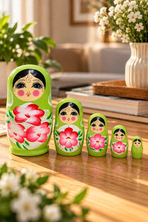 5’li Matruşka Bebek Seti El Boyaması Çiçek Desenli Dekoratif Ahşap Rus Bebekleri 12 cm Yeşil