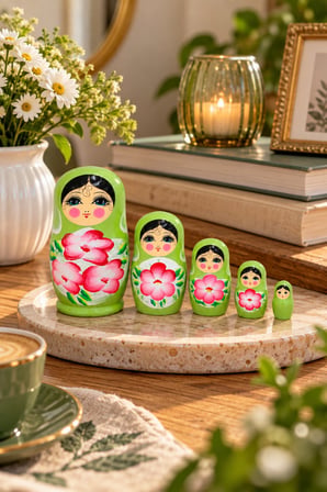 5’li Matruşka Bebek Seti El Boyaması Çiçek Desenli Dekoratif Ahşap Rus Bebekleri 12 cm Yeşil