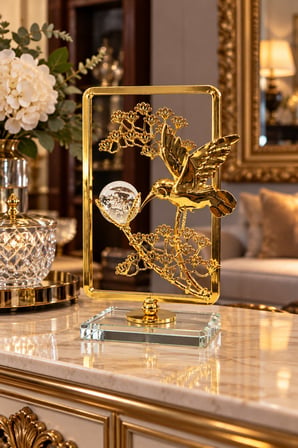 Dekoratif Gold Metal Cam Kuş Figürlü Biblo – Şık Ev ve Ofis Dekorasyonu 17x10 cm