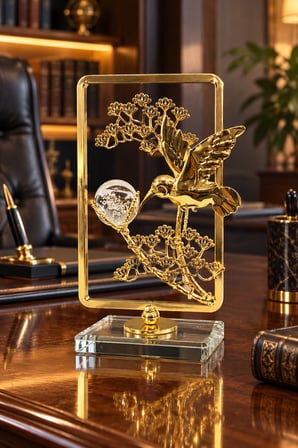 Dekoratif Gold Metal Cam Kuş Figürlü Biblo – Şık Ev ve Ofis Dekorasyonu 17x10 cm