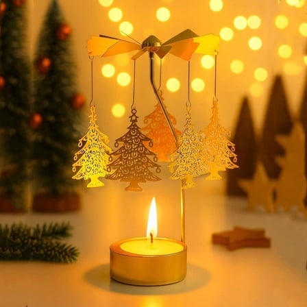 Altın Renk Dönme Çam Ağacı Figürlü Mumluk – Isıyla Dönen Dekoratif Tealight Mumluk