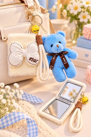 Mavi Peluş Teddy Ayı Figürlü Çanta Charmı Anahtarlık Süsü ve Beyaz Peluş Fiyonk Makyaj Aynası Seti