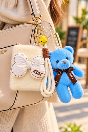 Mavi Peluş Teddy Ayı Figürlü Çanta Charmı Anahtarlık Süsü ve Beyaz Peluş Fiyonk Makyaj Aynası Seti