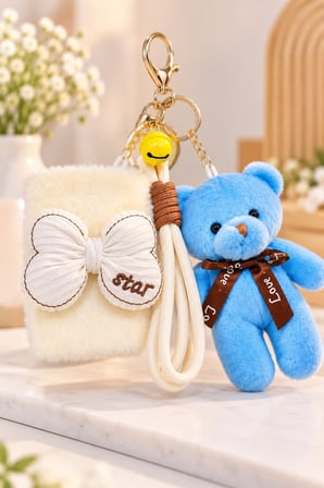 Mavi Peluş Teddy Ayı Figürlü Çanta Charmı Anahtarlık Süsü ve Beyaz Peluş Fiyonk Makyaj Aynası Seti