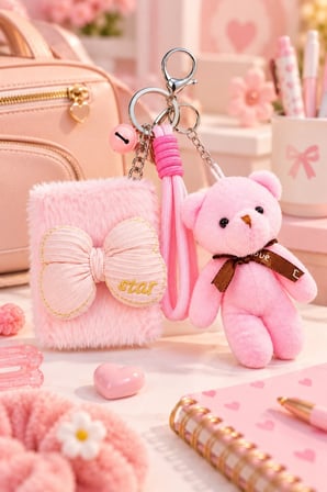 Pembe Peluş Teddy Ayı Figürlü Çanta Charmı Anahtarlık Süsü ve Pembe Peluş Fiyonk Makyaj Aynası Seti