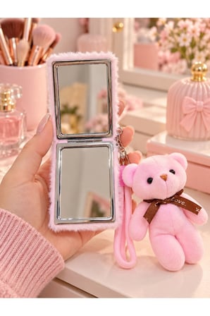 Pembe Peluş Teddy Ayı Figürlü Çanta Charmı Anahtarlık Süsü ve Pembe Peluş Fiyonk Makyaj Aynası Seti