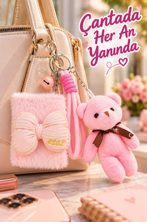 Pembe Peluş Teddy Ayı Figürlü Çanta Charmı Anahtarlık Süsü ve Pembe Peluş Fiyonk Makyaj Aynası Seti