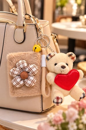 Peluş Teddy Kalpli Ayı Figürlü Çanta Charmı Anahtarlık ve Bej Peluş Çiçekli Çanta Makyaj Aynası Seti