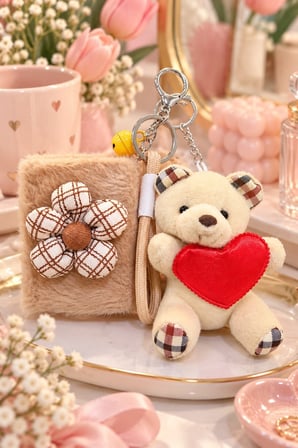 Peluş Teddy Kalpli Ayı Figürlü Çanta Charmı Anahtarlık ve Bej Peluş Çiçekli Çanta Makyaj Aynası Seti