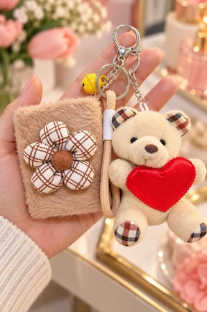 Peluş Teddy Kalpli Ayı Figürlü Çanta Charmı Anahtarlık ve Bej Peluş Çiçekli Çanta Makyaj Aynası Seti