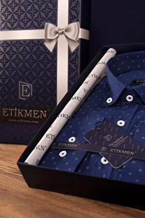 Erkek Lacivert Nokta Baskılı Slimfit Gömlek