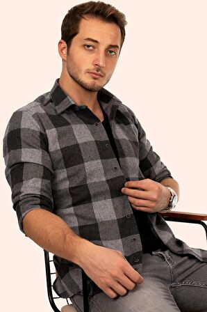 Siyah Füme Dama Desenli Oduncu Slimfit Gömlek