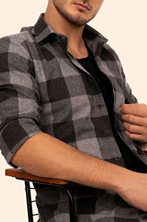 Siyah Füme Dama Desenli Oduncu Slimfit Gömlek