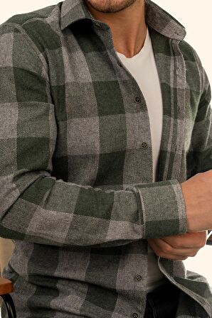 Yeşil Gri Dama Desenli Oduncu Slimfit Gömlek