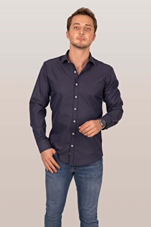 Lacivert Nokta Desenli Erkek Gömlek