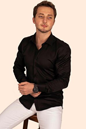 Siyah Armür Desenli Slimfit Erkek Gömlek
