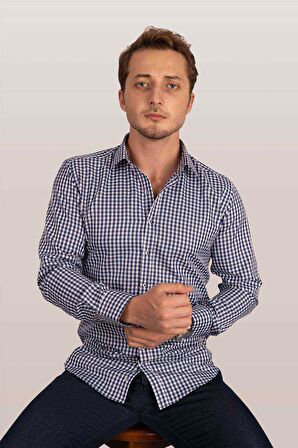 Beyaz Lacivert Kareli Slimfit Gömlek