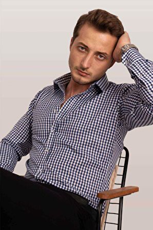 Beyaz Lacivert Kareli Slimfit Gömlek