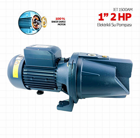 İbeltech Jet1500AH 2Hp Bakır Sargılı 1'' 55 Metre Dik Basar Jet Pompa