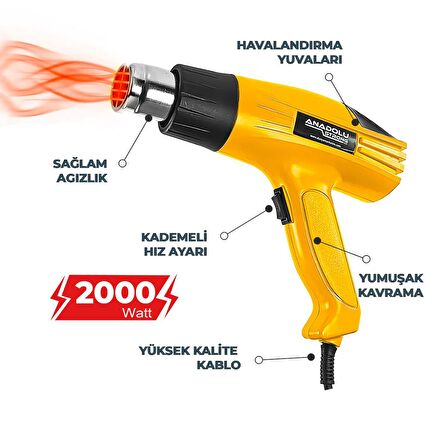 Anadolustrong ANS1010 Sıcak Hava Tabancası 2000W Kademeli Otomatik Korumalı Aksesuar Hediyeli(SARI)