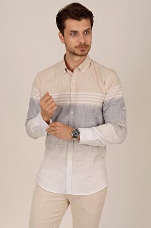Panolu Bej Gri Slimfit Keten Gömlek