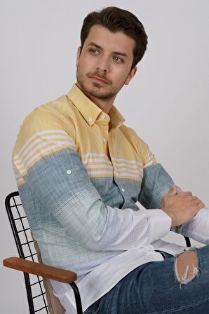 Panolu Sarı Yeşil Slimfit Keten Gömlek