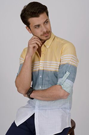 Panolu Sarı Yeşil Slimfit Keten Gömlek