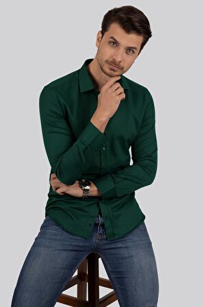 Kına Yeşili Kare Düğmeli Slimfit Gömlek