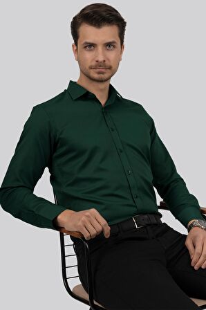 Kına Yeşili Kare Düğmeli Slimfit Gömlek