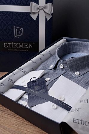 Panolu Gri Mavi Slimfit Keten Gömlek