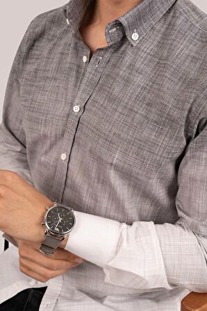 Panolu Gri Beyaz Geçişli Slimfit Keten Gömlek
