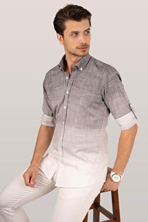 Panolu Gri Beyaz Geçişli Slimfit Keten Gömlek