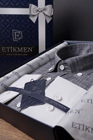 Panolu Gri Beyaz Geçişli Slimfit Keten Gömlek