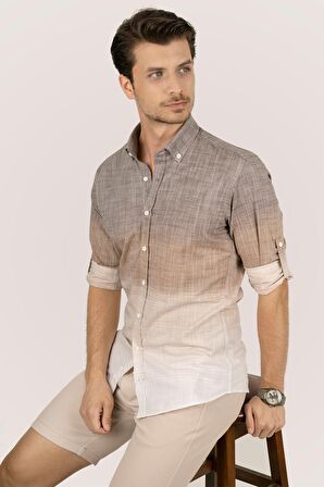 Panolu Kahve Bej Geçişli Slimfit Keten Gömlek