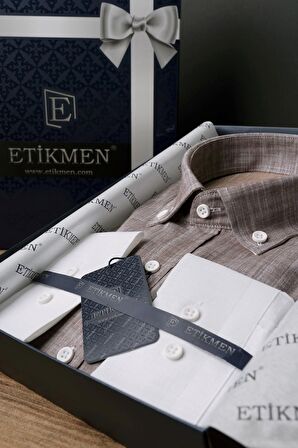 Panolu Kahve Bej Geçişli Slimfit Keten Gömlek