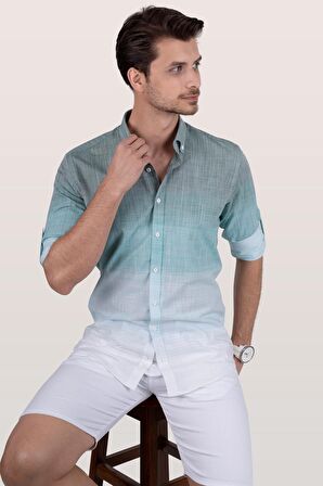 Panolu Yeşil Beyaz Geçişli Slimfit Keten Gömlek