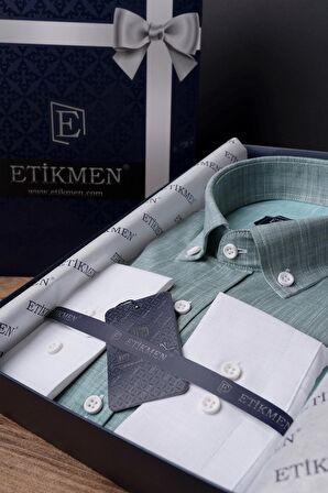Panolu Yeşil Beyaz Geçişli Slimfit Keten Gömlek