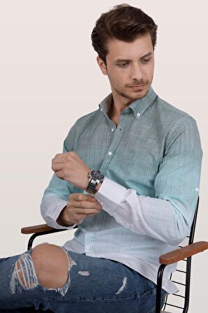 Panolu Yeşil Beyaz Geçişli Slimfit Keten Gömlek