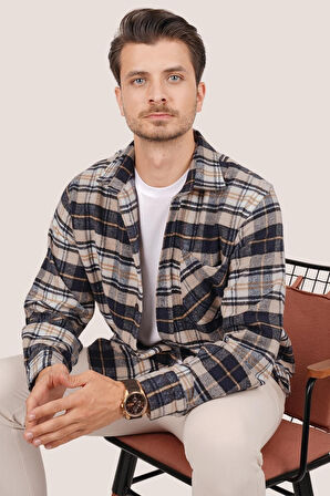 Sütlü Kahve Lacivert Geçişli Kalın Oversize Gömlek