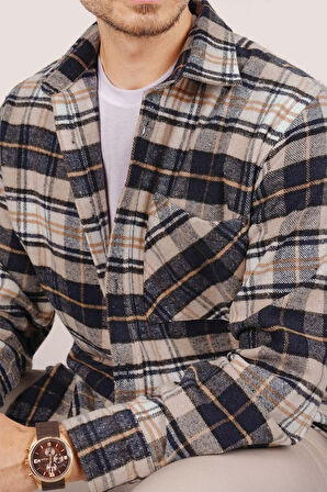 Sütlü Kahve Lacivert Geçişli Kalın Oversize Gömlek