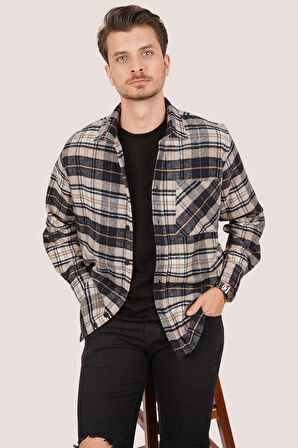 Sütlü Kahve Lacivert Geçişli Kalın Oversize Gömlek