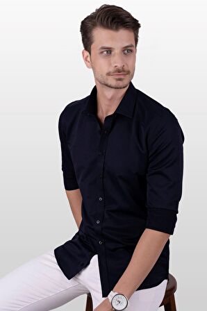 Lacivert Saten Slimfit Erkek Gömlek