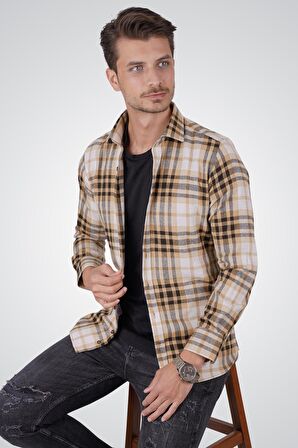 Beyaz Açık Kahve Çizgili Slimfit Oduncu Gömlek