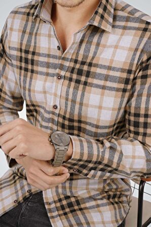 Beyaz Açık Kahve Çizgili Slimfit Oduncu Gömlek