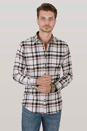 Beyaz Siyah Çizgili Slimfit Oduncu Gömlek