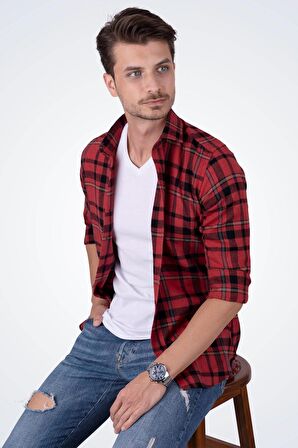 Kırmızı Mavi Çizgili Slimfit Oduncu Gömlek