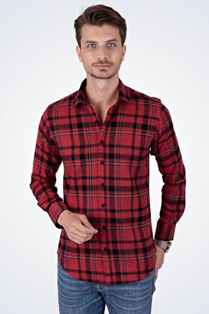 Kırmızı Mavi Çizgili Slimfit Oduncu Gömlek